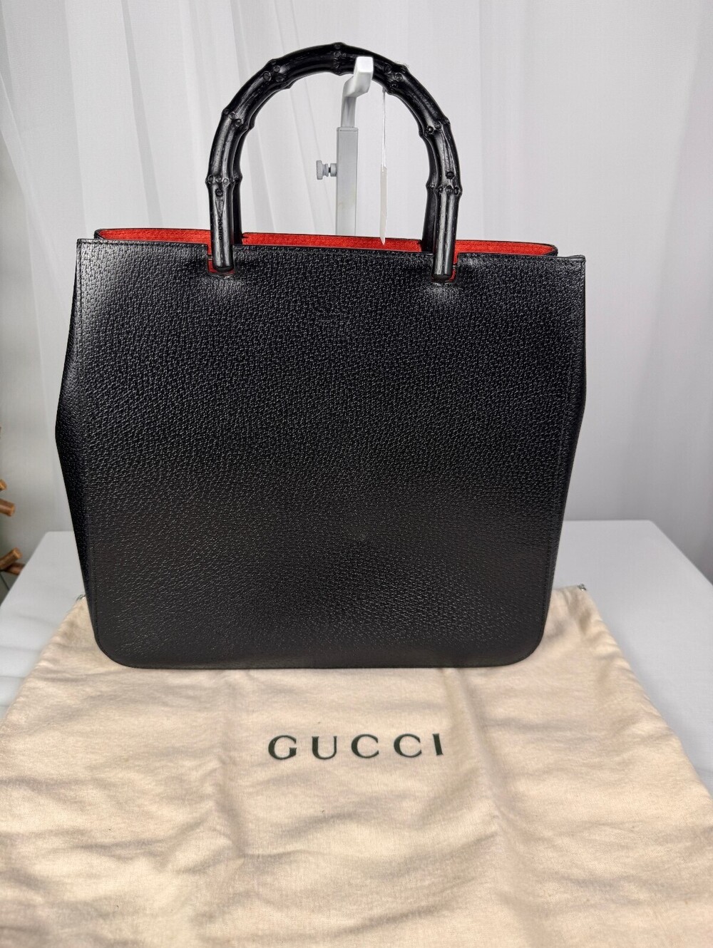 Gucci Vintage 002 1061 Bamboo Black Leather Tote Bag Red Suede Italy